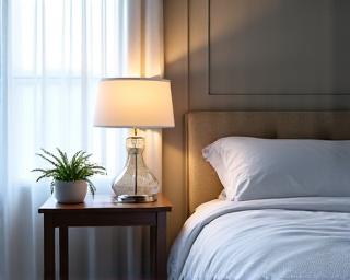 Neatly made bed and dusted nightstand in a bedroom